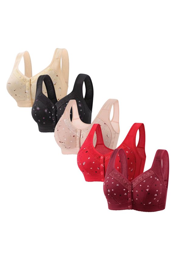 Bras for Women Front Closure Womens Bralettes 5PCS Supportive Brassiere Wirefree Posture Correcting Retro Full Coverage Bralettes Solid Embroidered Underwear for Older Women Cycling XL Beige