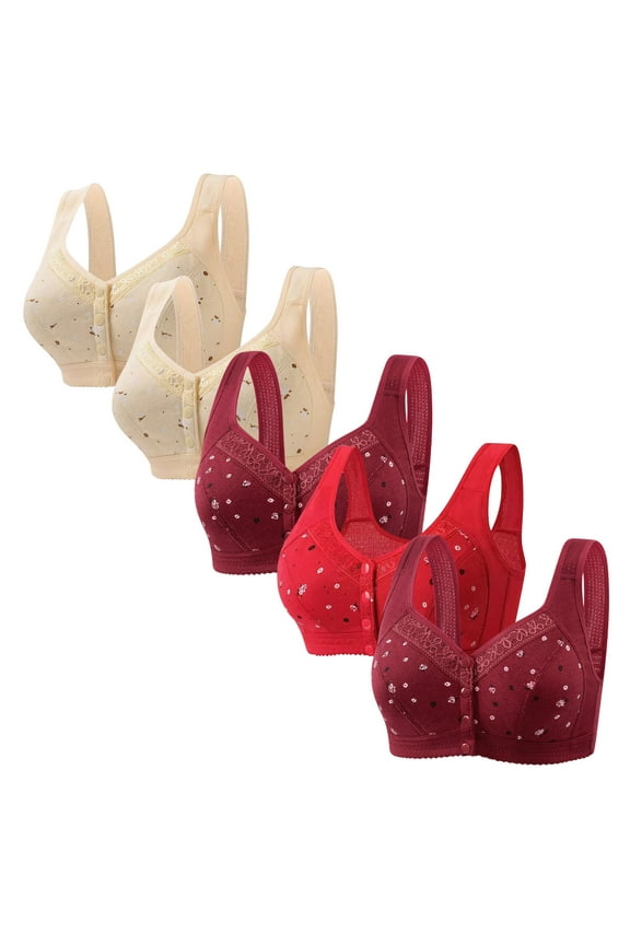 Bras for Women Front Closure Womens Bras for Older Women 5PCS Supportive Brassiere No Underwire Plunging Retro Full Coverage Brassiere Solid Embroidered Underwear for Ladies Running XXL Beige