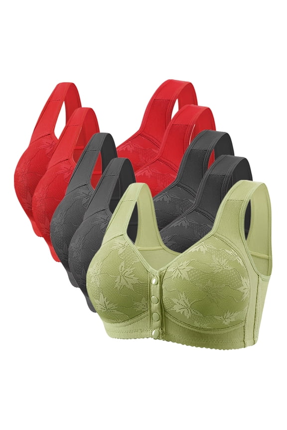Bras for Women Front Closure Womens Bras No Underwire 5-Pack Push up Bras Wirefree Underarm Smoothing Vintage Full Coverage Brassiere Solid Embroidered Underwear for Lady Running XL