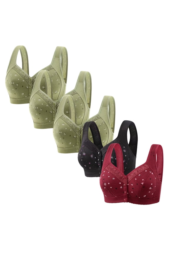 Bras for Women Front Closure Womens Bras No Underwire 5PCS Supportive Bralettes Wireless Underarm Smoothing Retro Full Coverage Bralette Solid Embroidered Underwear for Ladies Workout M Green