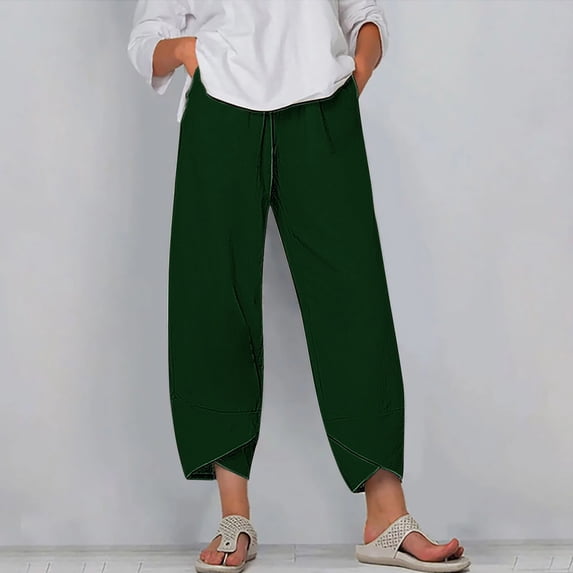 WIZUTIZ Business Casual Pants for Women Plain Trendy Loose Wide Leg Beach Pants Elastic Stretch High Waist Slacks Pants Solid Asymmetrical Cropped Beach Pants for Ladies Business Street Green