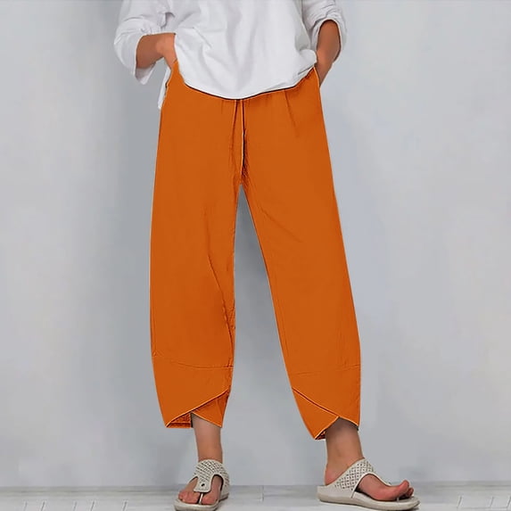 WIZUTIZ Business Casual Pants for Women Plus Size Leisure Loose Wide Leg Dress Pants Spandex Elastic High Rise 7/8 Length Slacks Pants Solid Asymmetrical Cropped Pants for Lady Office Party Orange