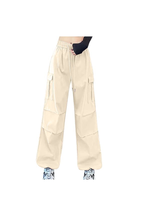 Business Casual Pants for Women Thin Relaxed Loose Wide Leg Trousers Stretch Elastic High Rise Trousers Solid Drawstring Cargo Pants with Pockets Sweatpants Tiktok Trend Items Vacation Beige