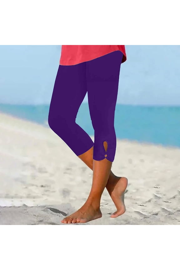 Capri Leggings for Women Classic Leisure Slim Keyhole Hollow Out Yoga Leggings Elastic Stretch High Rise 3/4 Length Leggings Solid Pants for Teen Girls Workout Swimming Pool Purple