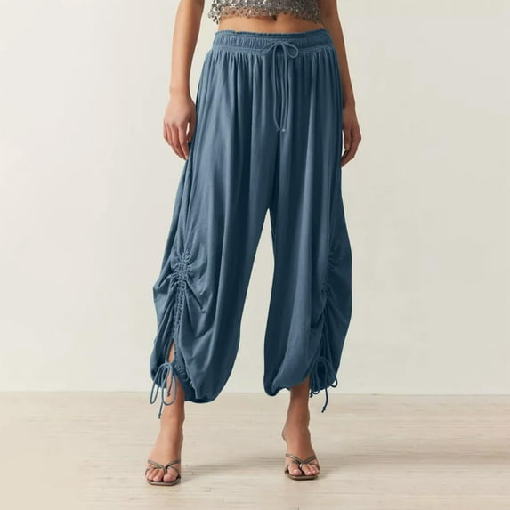 WIZUTIZ Capri Pants for Women Plain Relaxed Relaxed Fit Wide Leg Beach Pants Elastic Stretch Mid Rise Palazzo Pants Solid Drawstring Flowy Smocked with Pockets Beach Pants Running Beach Blue