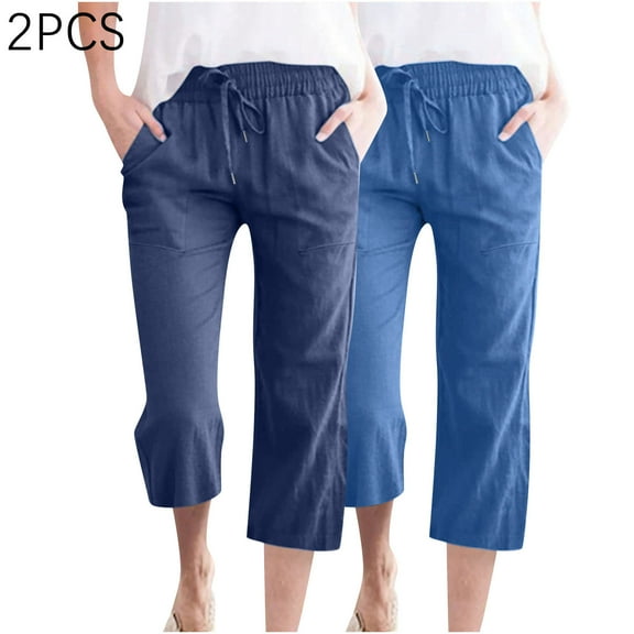WIZUTIZ Capri Pants for Women Plus Size Oversized Leisure Baggy Wide Leg Slacks Pants Spandex Elastic Mid Rise Cropped pants Solid Drawstring with Pockets Pants for Teen Girls Swim Beach Blue