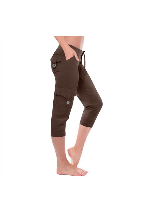 Capri Pants for Women Pull on Comfy Relaxed Straight Leg Capris Palazzo Pants Elastic Spandex Cargo Pants Pants Solid Drawstring Palazzo Pants Multi Pockets SweatPants Cycling Birthday Brown