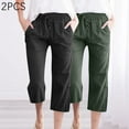 thumbnail image 1 of WIZUTIZ Capri Pants for Women Pull on Soft Stylish Loose Wide Leg Cropped pants Stretch Elastic Mid Rise Summer Pants Solid 2-Pack Drawstring with Pockets Summer Pants for Ladies Business Beach Black, 1 of 6