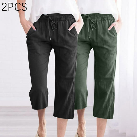 WIZUTIZ Capri Pants for Women Pull on Soft Stylish Loose Wide Leg Cropped pants Stretch Elastic Mid Rise Summer Pants Solid 2-Pack Drawstring with Pockets Summer Pants for Ladies Business Beach Black