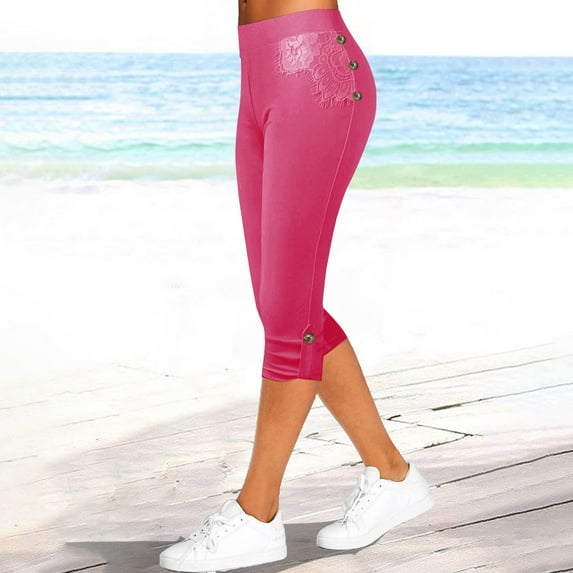 WIZUTIZ Capri Yoga Pants for Women Breathable Stylish Skinny Lace Trim Button Side Yoga Leggings Elastic Spandex Mid Rise 3/4 Length Leggings Solid Leggings for Lady Sports Anniversary Pink
