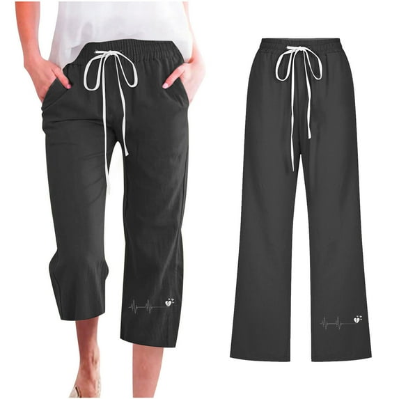 WIZUTIZ Capris for Women Plus Size Relaxed Baggy Wide Leg Palazzo Pants Stretch Elastic Mid Rise Palazzo Pants Heart Print Straight Leg Drawstring with Pockets Cropped pants Sports Shopping Black