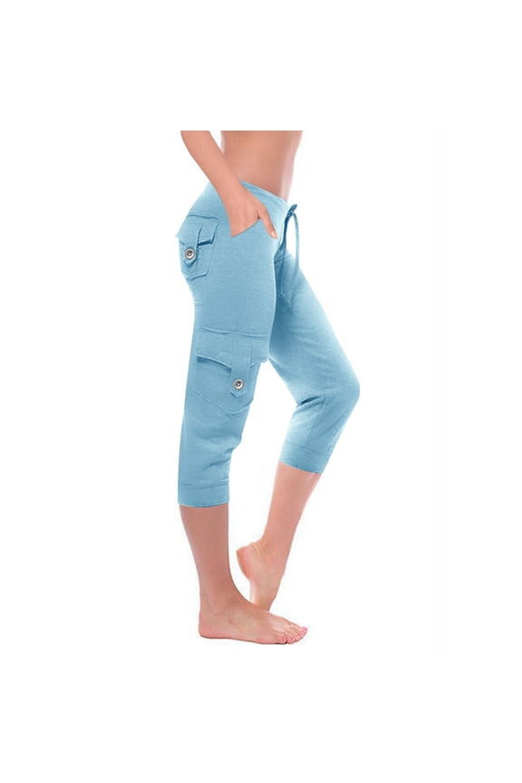 Capris for Women Soft Casual Straight Leg Capris Slacks Pants Elastic Stretch Mid Rise Cargo Pants Slacks Pants Solid Drawstring Palazzo Pants Multi Pockets Cropped Pants Sports Street Blue