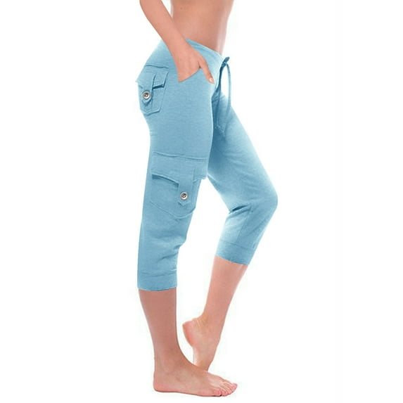 WIZUTIZ Capris for Women Soft Casual Straight Leg Capris Slacks Pants Elastic Stretch Mid Rise Cargo Pants Slacks Pants Solid Drawstring Palazzo Pants Multi Pockets Cropped Pants Sports Street Blue