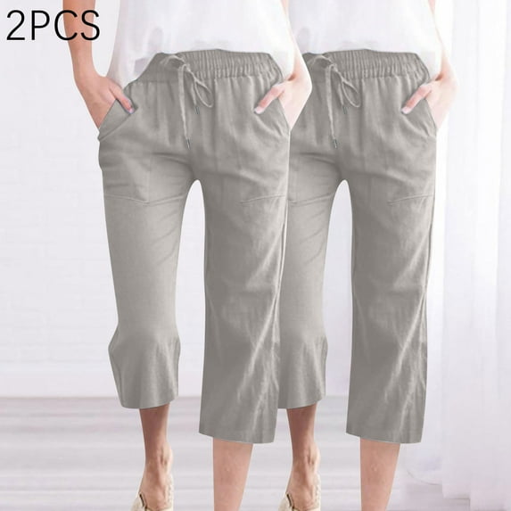 WIZUTIZ Casual Pants for Women Capris Plain Leisure Baggy Wide Leg Cropped pants Stretch Elastic Mid Rise Beach Pants Solid Drawstring with Pockets Palazzo Pants Tiktok Trend Items Vacation Gray