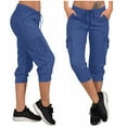 thumbnail image 1 of WIZUTIZ Casual Pants for Women Capris Plus Size Relaxed Straight Leg Capris Trousers Spandex Elastic Mid Rise Cargo Pants Pants Solid Drawstring Jogger Pants Multi Pockets Pants Pull On Work Blue, 1 of 6