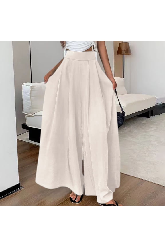 Womens Dress Pants Comfy Leisure Baggy Wide Leg Slacks Pants Spandex Elastic High Waist Full Length Pants Solid Flowy Pleated Pants for Teen Girls Activewear Beach Beige