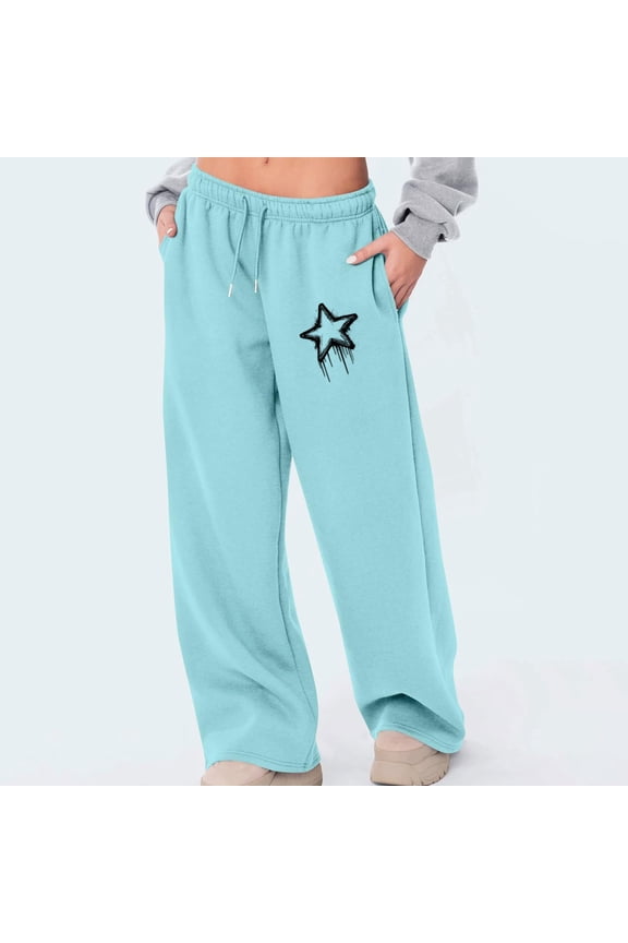 Casual Pants for Women Plain Casual Loose Wide Leg Slacks Pants Stretch Elastic High Rise Full Length Pants Star Print Drawstring with Pockets Sweatpants for Lady Hiking Travel Blue