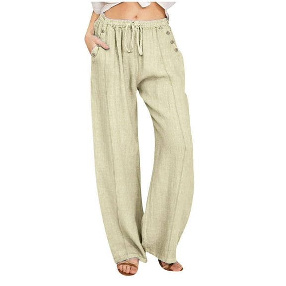 WIZUTIZ Casual Pants for Women Plus Size Stylish Baggy Wide Leg Slacks Pants Spandex Elastic High Rise Trousers Solid Drawstring with Pockets Palazzo Pants for Teen Girls Office Street Beige