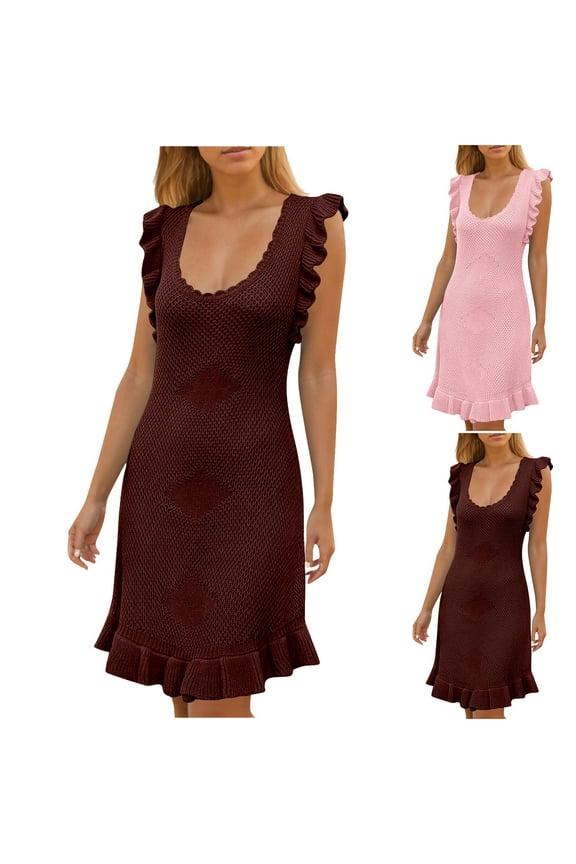 Casual Summer Dresses for Women Leisure Tunic High Rise Ruffle Hem Solid Pleated Dress Sleeveless U Neck Pleated Dress for Womens Knee-Length Breathable Vacation Dress Multi-Color