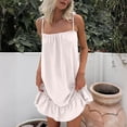 thumbnail image 1 of WIZUTIZ Casual Summer Dresses for Women Spaghetti Strap Loose Mini Dress Solid Pleated Dress Crew Neck Sleeveless Vacation Dress for Teen Girls Ruffle Hem Stretch Club Dress White S, 1 of 6