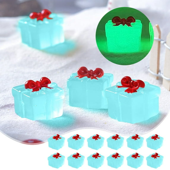 Latrodar Christmas Mini Resin Gift Box 12 PCS Light up Wrapping Ornaments Decor with Bow 6 Colors Elegant Handicraft Box 0.7x0.74in for Xmas Gifts Party Supplies Blue