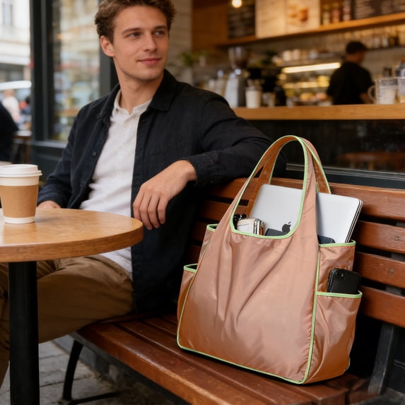 WIZUTIZ Coffee Foldable Shopping Bag Portable Shoulder Tote with Water Resistant Fabric and Side Bottle Pocket Large Capacity Reusable Grocery Carryall for Travel