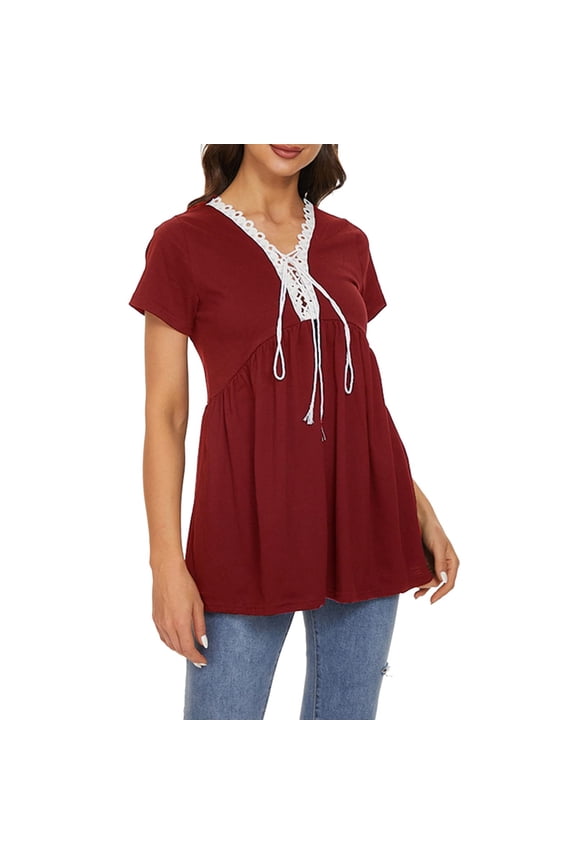 Corset Tops for Women Holiday Saving Loose Fit Retro Trendy Tee Ladies Athletic V-Neck Tshirt Oversize Short Sleeve Tops Tunics Plus Blouse Tshirts Fluffy Plain Solid T-shirt Wine S