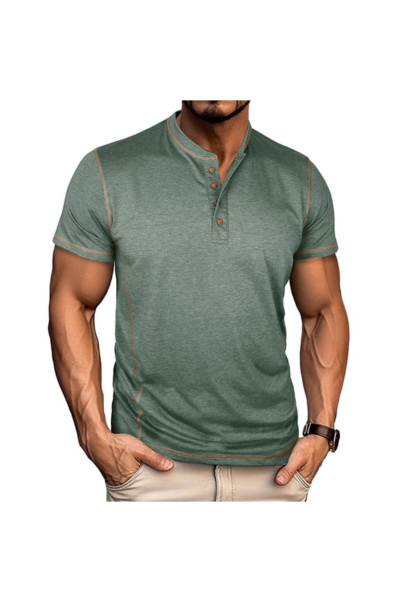 Cotton Henley Shirts for Men Short Sleeve Knitted Cotton 3 Button Quarter V Neck Collarless Summer Tops
