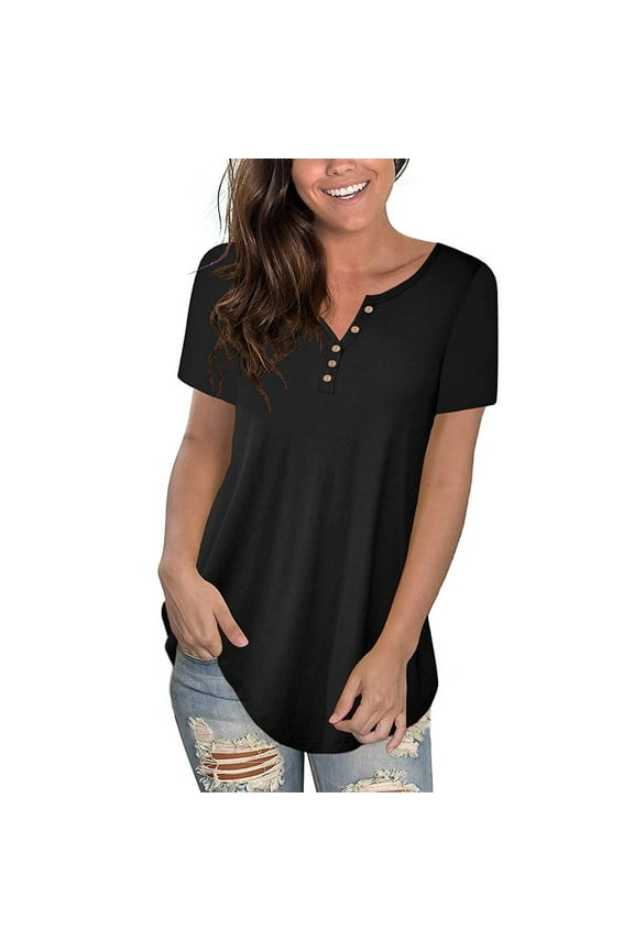 Crop Tops for Women up to 60% Off Oversize Tshirt V-Neck Pure Colour Plus Size Short Sleeve Tops Flowy Ladies Tshirts Lightweight Work Out Blouse Loose Fit Breathable Solid Tee Black S