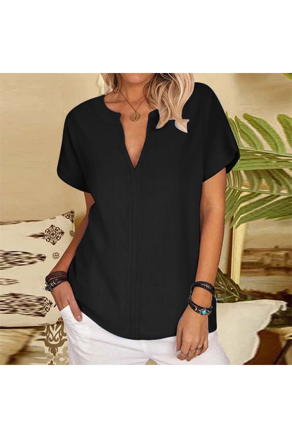 Crop Tops for Women up to 60% Off Oversize Tshirt V-Neck Pure Colour Plus Size Short Sleeve Tops Flowy Ladies Tshirts Lightweight Work Out Blouse Loose Fit Breathable Solid Tee Black S