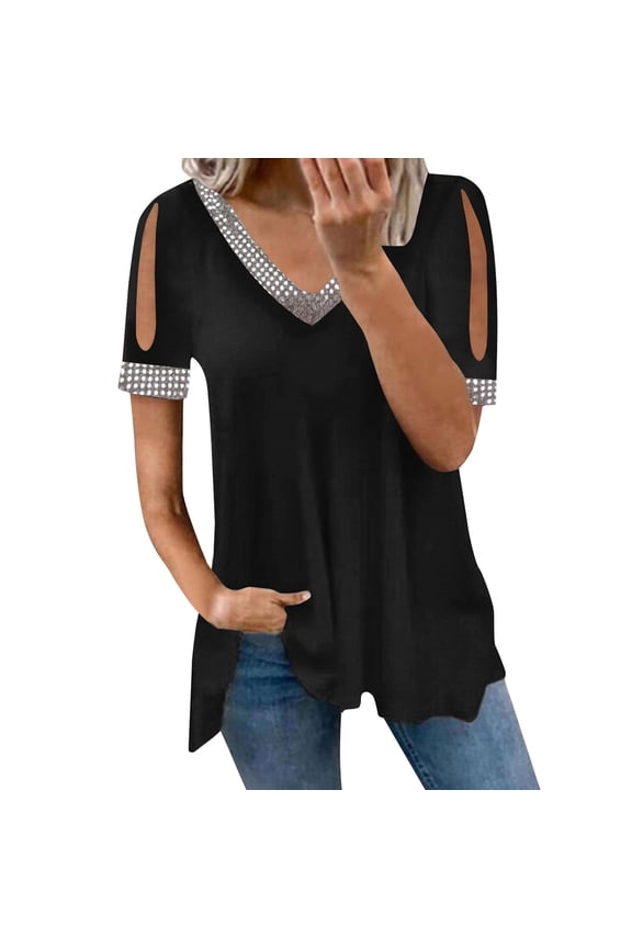 Crop Tops for Women up to 60% Off Oversize Tshirt V-Neck Pure Colour Plus Size Short Sleeve Tops Flowy Ladies Tshirts Lightweight Work Out Blouse Loose Fit Breathable Solid Tee Black XL