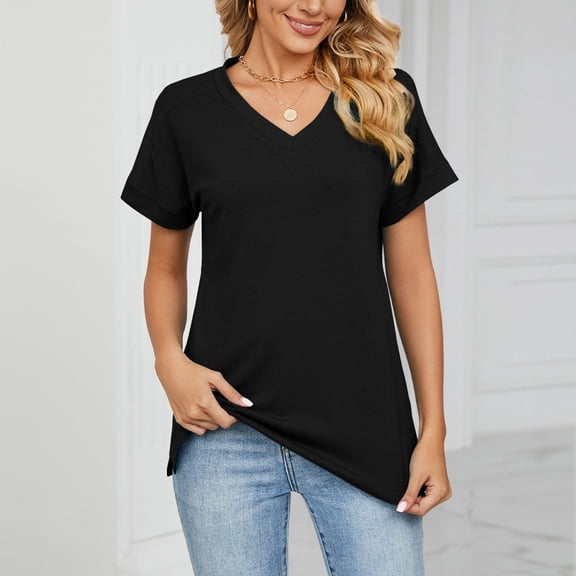 WIZUTIZ Crop Tops for Women up to 60% Off Oversize Tshirt V-Neck Pure Colour Plus Size Short Sleeve Tops Flowy Ladies Tshirts Lightweight Work Out Blouse Loose Fit Breathable Solid Tee Black M