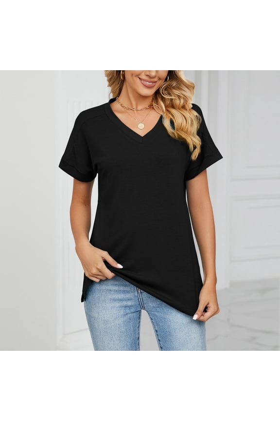 Crop Tops for Women up to 60% Off Oversize Tshirt V-Neck Pure Colour Plus Size Short Sleeve Tops Flowy Ladies Tshirts Lightweight Work Out Blouse Loose Fit Breathable Solid Tee Black M