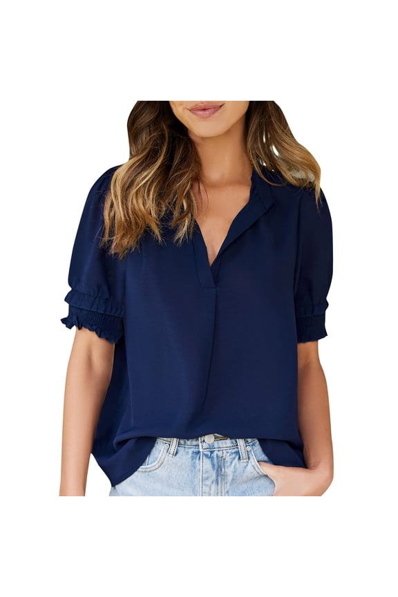 Crop Tops for Women up to 60% Off Oversize Tshirt V-Neck Pure Colour Plus Size Short Sleeve Tops Flowy Ladies Tshirts Lightweight Work Out Blouse Loose Fit Breathable Solid Tee Navy L