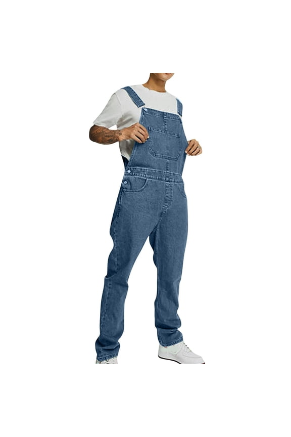 Denim Overalls for Men Distressed Straight Leg Jean Bib Overall Cozy Rugged Loose Adjustable Jean Jumpsuits