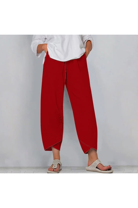 Dress Pants Women Comfy Relaxed Relaxed Fit Wide Leg Summer Pants Spandex Elastic High Rise Full Length Slacks Pants Solid Asymmetrical Cropped Trousers for Lady Dance Outdoor Red