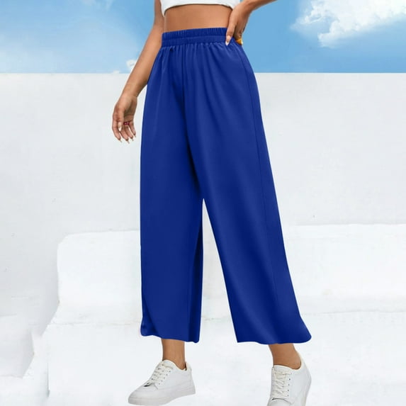 WIZUTIZ Dress Pants for Women Ultra Thin Leisure Baggy Wide Leg Palazzo Pants Elastic Stretch High Waist Full Length Palazzo Pants Solid Straight Leg Trousers for Ladies Office Outdoor Blue
