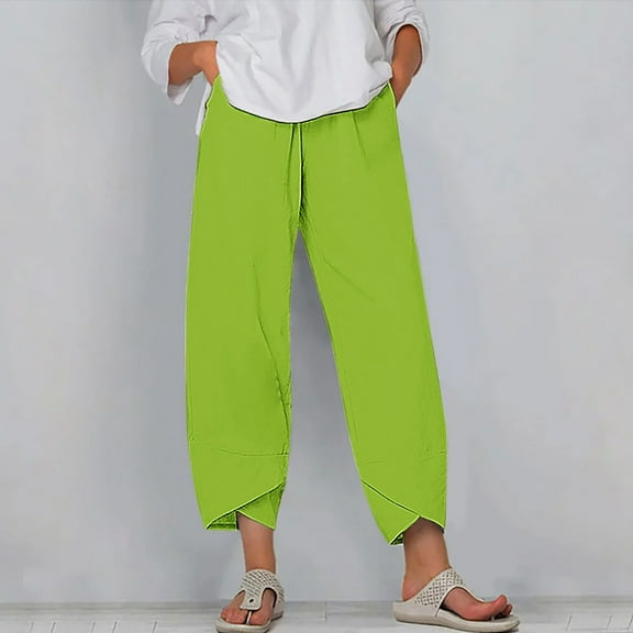WIZUTIZ Dress Pants Women Ultra Thin Leisure Loose Wide Leg Slacks Pants Elastic Stretch High Rise 7/8 Length Summer Pants Solid Asymmetrical Cropped Summer Pants for Teen Girls Office Outdoor Green