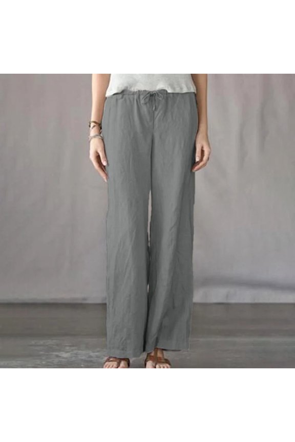Dress Slacks for Women Comfy Relaxed Baggy Wide Leg Pants Elastic Spandex High Waist Full Length Summer Pants Solid Drawstring Dress Pants for Lady Running Beach Gray