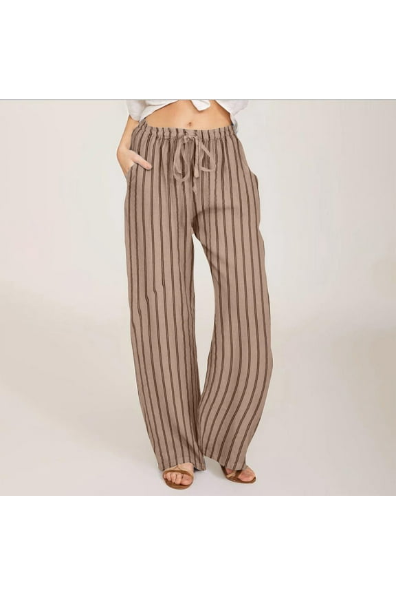 Dress Slacks for Women Plus Size Casual Loose Wide Leg Beach Pants Elastic Stretch High Rise Slacks Pants Striped Drawstring with Pockets Dress Pants for Ladies Hiking Travel Multi-Color