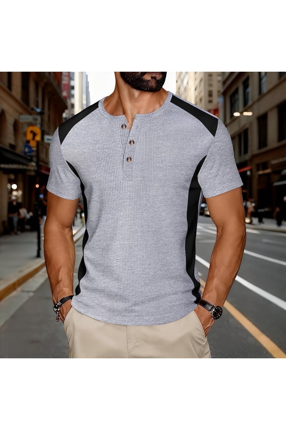 Fashion Henley Shirts for Men Button Short Sleeve Business Office Dressy Shirt Waffle Colorblock Athletic Casual Tops
