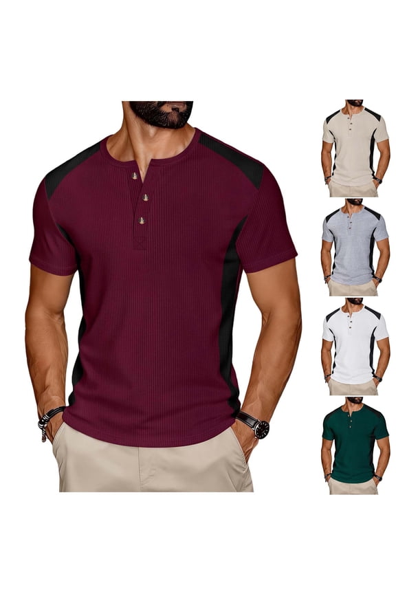 Fashion Henley Shirts for Men Button Short Sleeve Business Office Dressy Shirt Waffle Colorblock Athletic Casual Tops