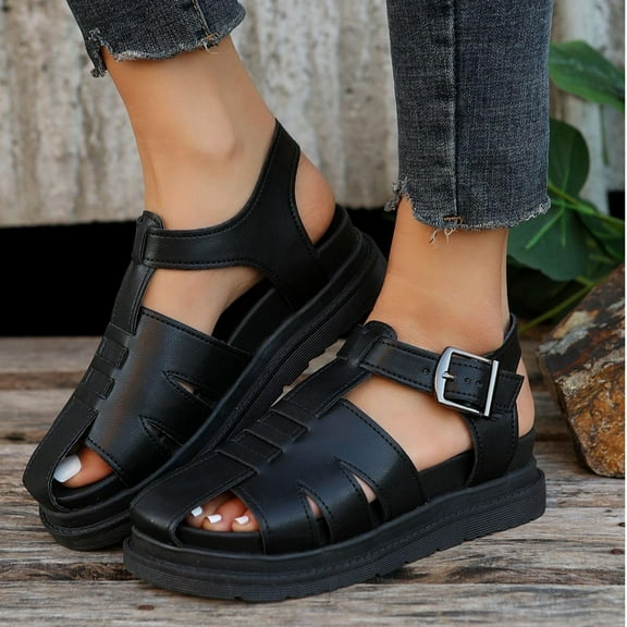 WIZUTIZ Fisherman Sandals for Women Flat Sandals for Women Sandals for Women 2025 Trendy Comfortable Elastic Hollow Out Sandals Buckle Shoes Wide Solid Sandals for Older Women Holiday Black