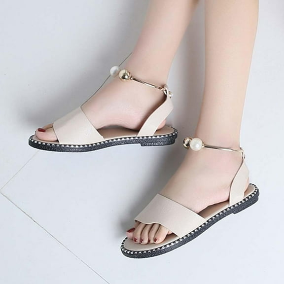 WIZUTIZ Flat Sandals for Women Dressy Sandals Women Soft Comfort Stretchy Jeweled Sandals Buckle Round Toe Shoes Mid Heel (2"-3") Wide Solid Sandals for Ladies Anniversary Up to 60% Off Beige