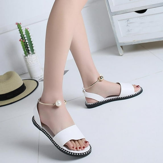 WIZUTIZ Flat Sandals for Women Sandals for Women 2025 Trendy Comfortable Stretch Jeweled Sandals Buckle Round Toe Shoes Low Heel (1"-2") Wide Solid Sandals for Older Women Travel Items White