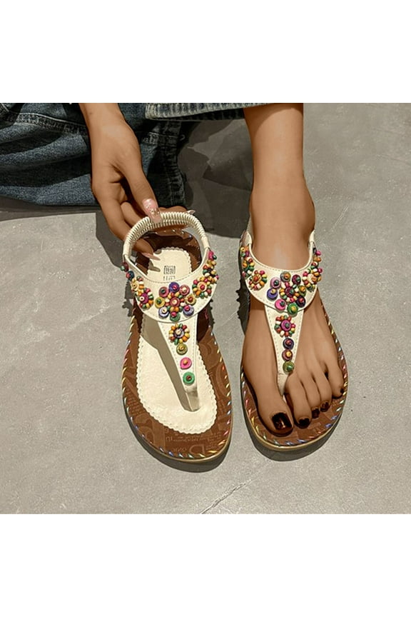 Flat Sandals for Women Womens Dress Sandals Gym Comfort Elastic Beach Sandals Pull-On Round Toe Summer Shoes Mid Heel (2"-3") Medium Solid Sandals Mother's Day Gifts Up to 60% Off Beige