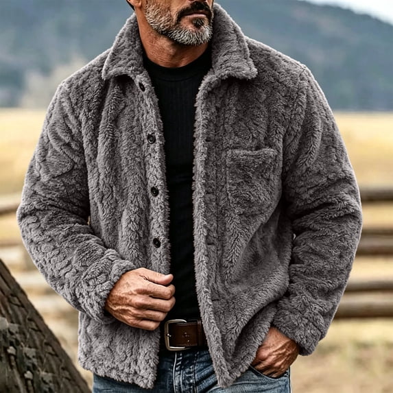 WIZUTIZ Fleece Lined Jacket For Men Button Front Fold Collar Long Sleeve Coat Outdoor Warm Fall Winter Black Brown Gray