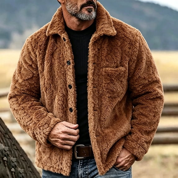 WIZUTIZ Fleece Lined Jacket For Men Button Front Fold Collar Long Sleeve Coat Outdoor Warm Fall Winter Black Brown Gray