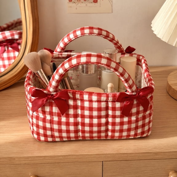 WIZUTIZ French Country Quilted Storage Basket Red Plaid Clutter Organizer with Bow Decor Desktop Cosmetic Sundries Tote Cotton Handheld