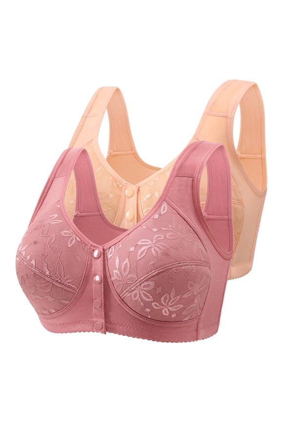 Front Closure Bras for Women Bralettes for Women 2-Pack Push up Brassiere No Underwire Anti-Sagging Retro Full Coverage Bras Floral Print Embroidered Underwear for Ladies Gym XL Multi-Color